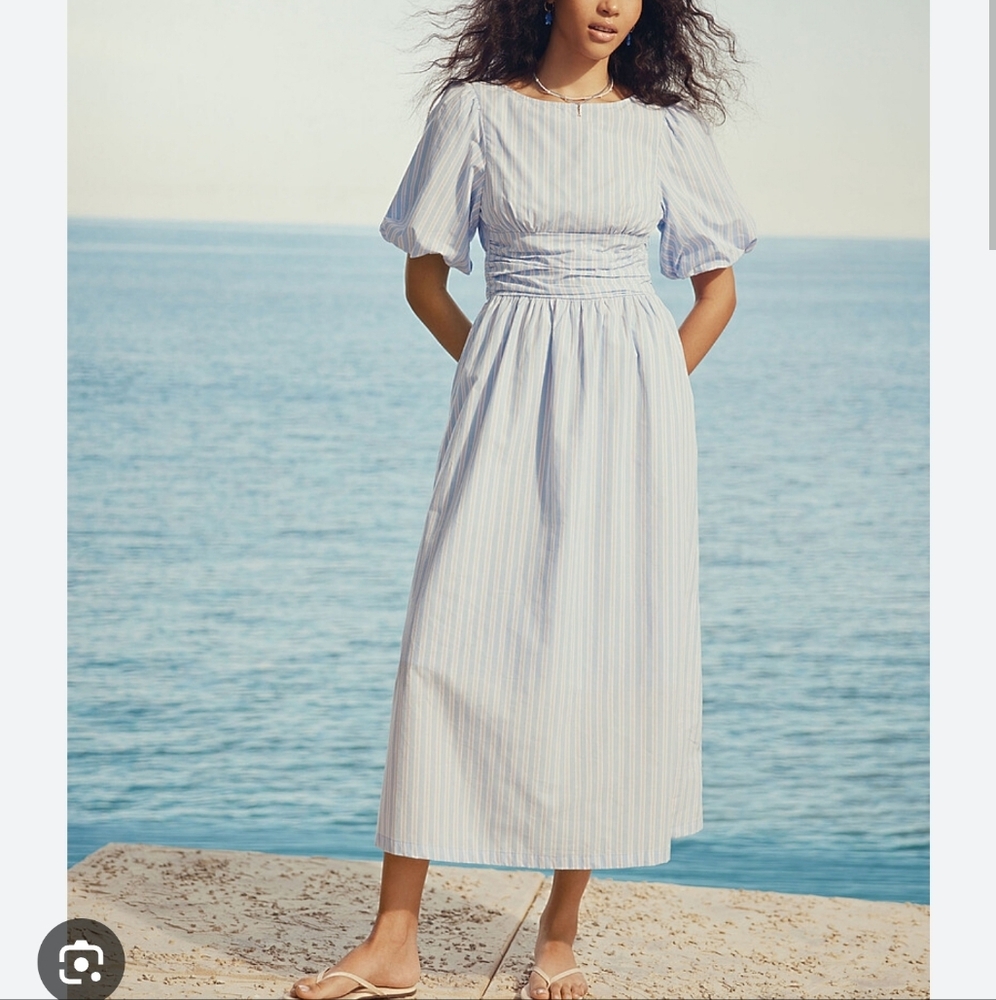 Simons | Twik puff sleeve pastel blue striped poplin cotton dress